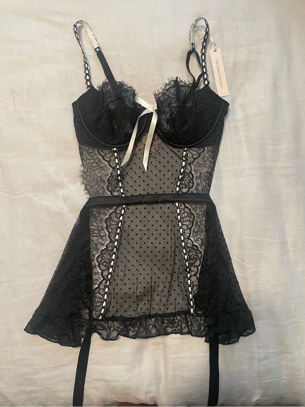 NWT Victoria's Secret Black Lace Chemise with Polka Dot Mesh and Back Tie Sz M